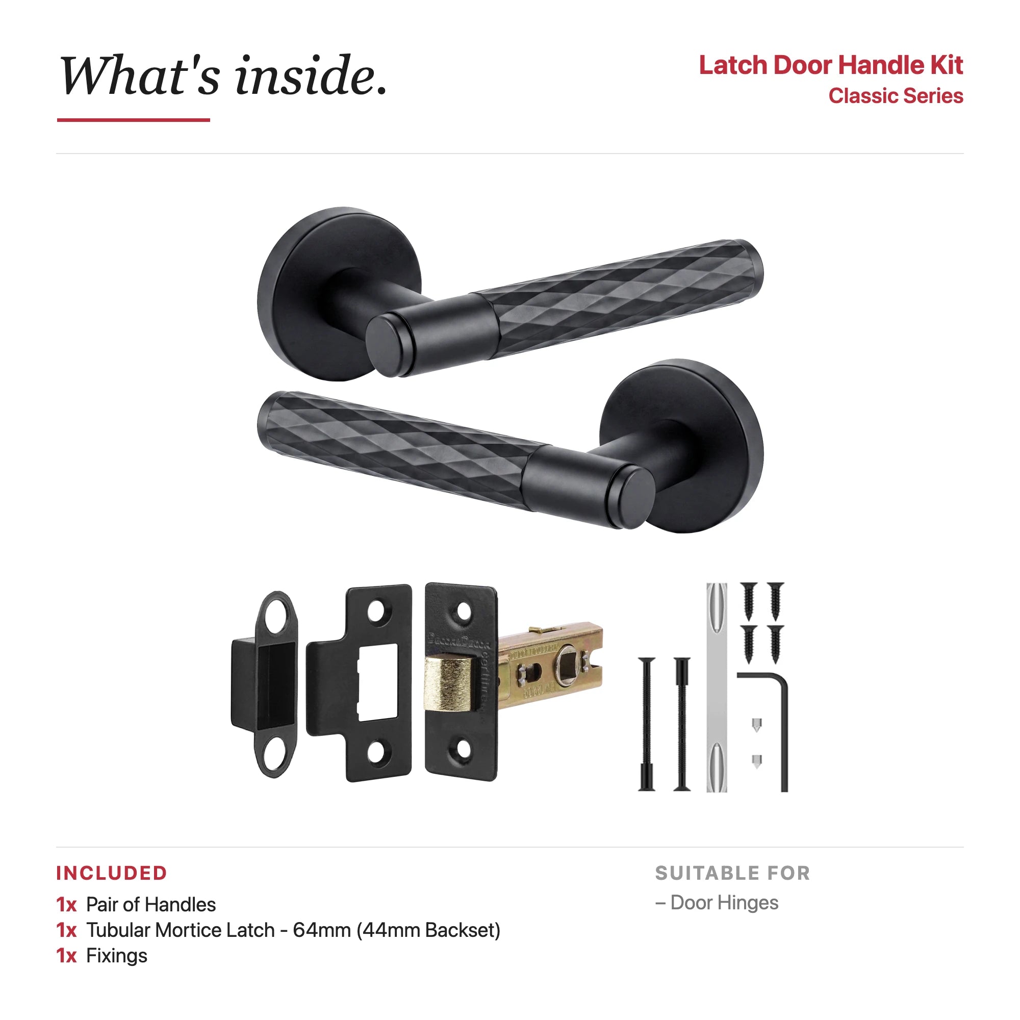 Tore Matt Black Passage Door Handles – showing what's included in the box