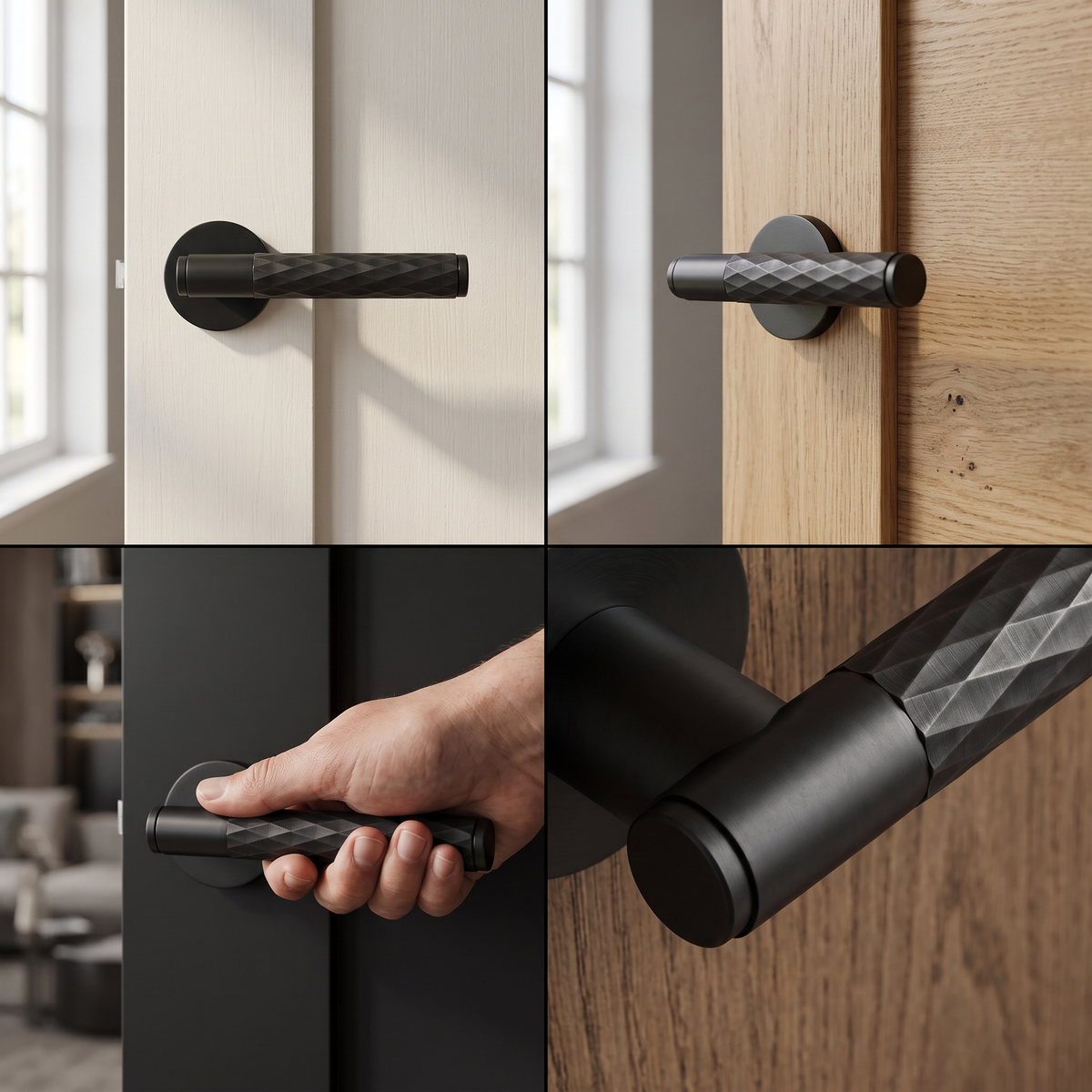 Tore Matt Black Door Lever Handles – fitted on an interior door in a styled room setting 2