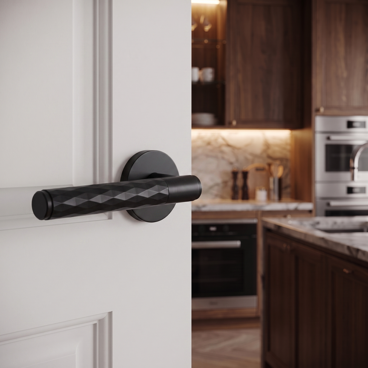 Tore Matt Black Door Lever Handles – fitted on an interior door in a styled room setting 3