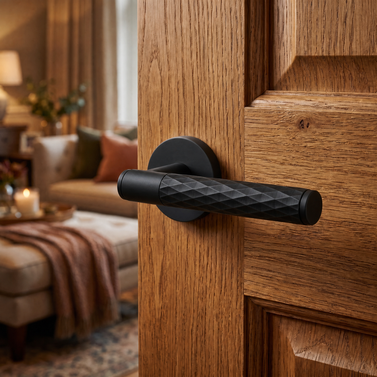 Tore Matt Black Door Lever Handles – fitted on an interior door in a styled room setting 4