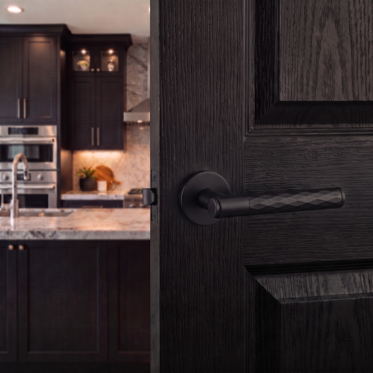Tore Matt Black Door Lever Handles – fitted on an interior door in a styled room setting 5