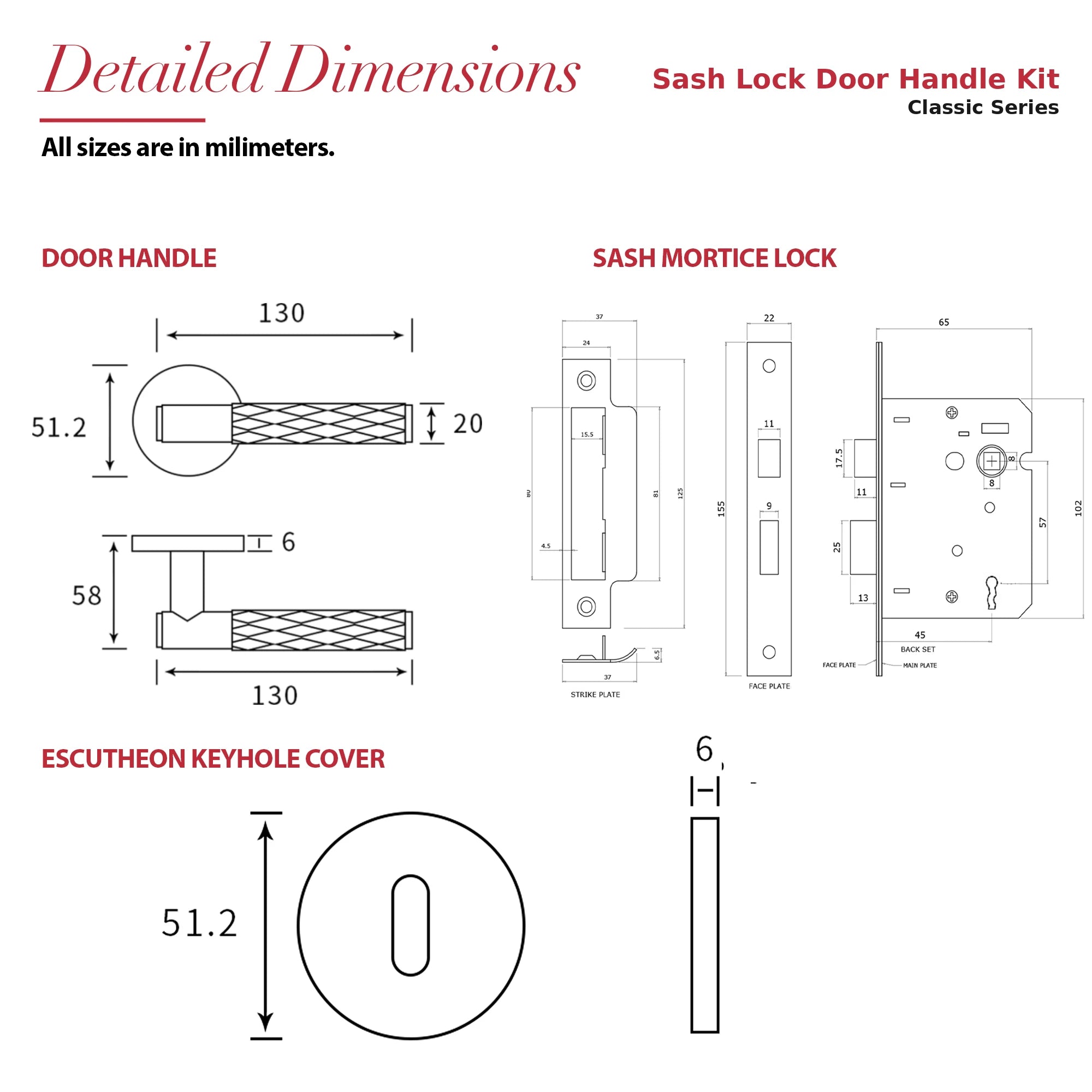 Tore Matt Black Privacy Door Handles – dimensions and measurements diagram