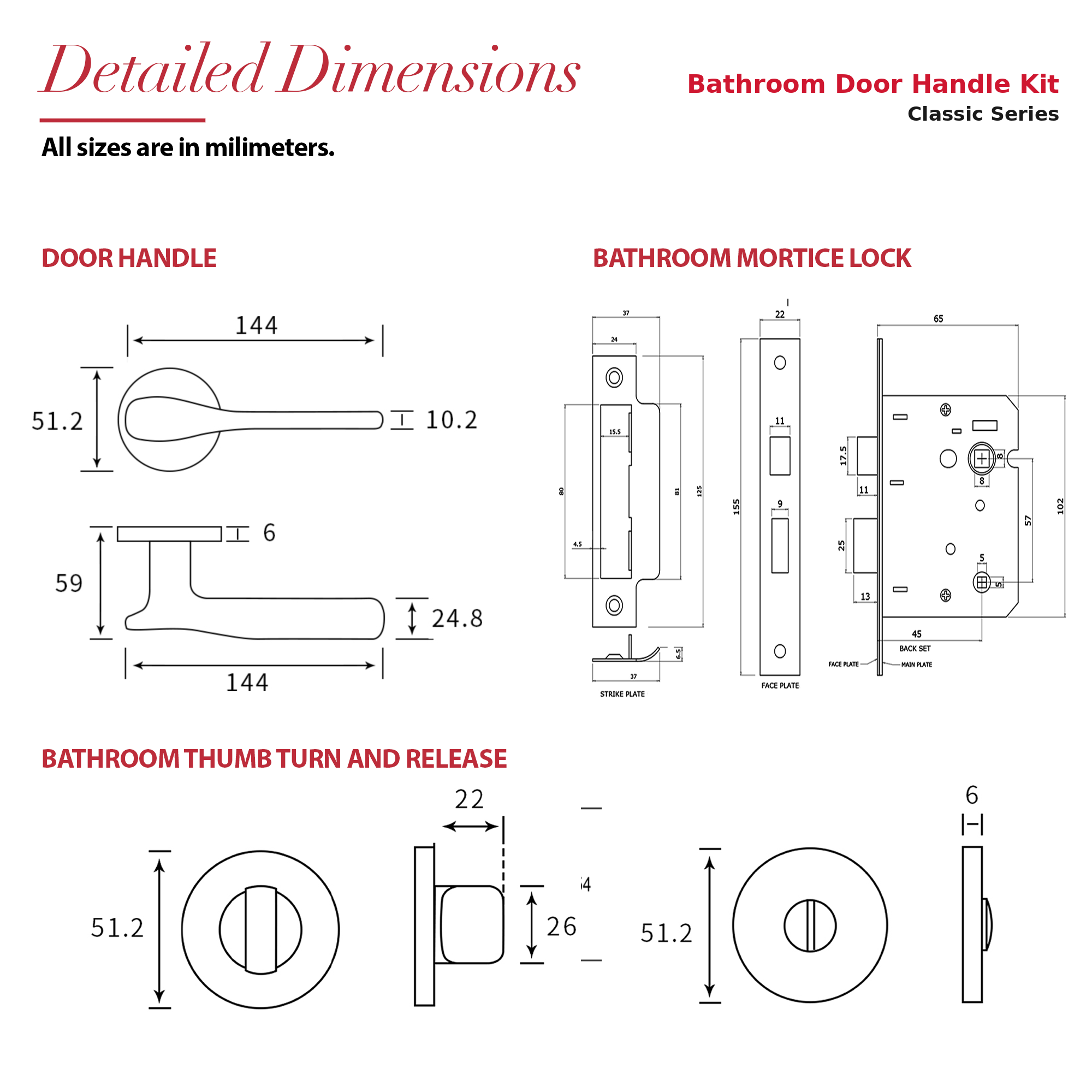 Verita Antique Brass Bathroom Door Handles – dimensions and measurements diagram