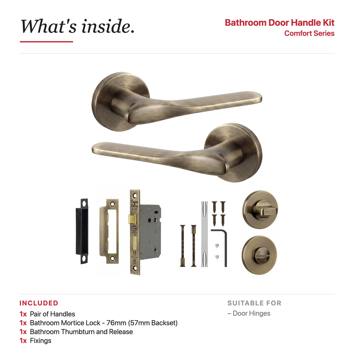 Verita Antique Brass Bathroom Door Lever Handles – showing what's included in the box