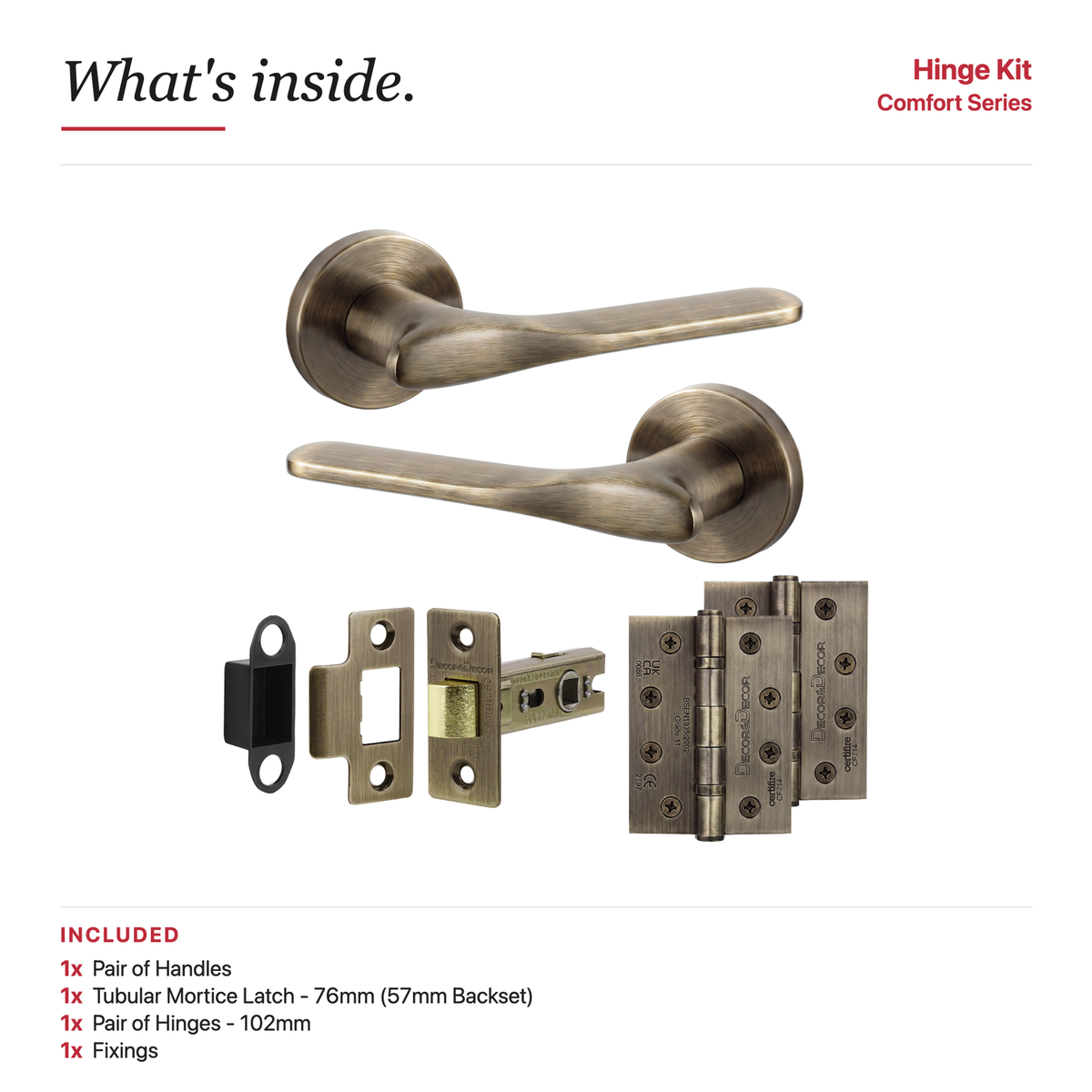 Verita Antique Brass Passage Door Lever Handles – showing what's included in the box