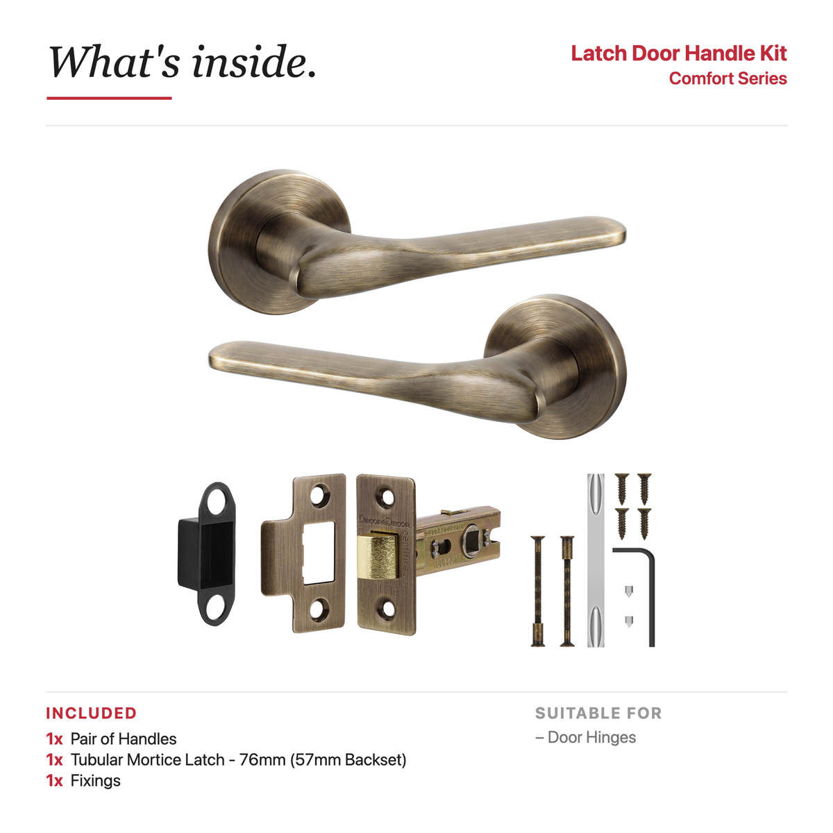 Verita Antique Brass Passage Door Lever Handles – showing what's included in the box