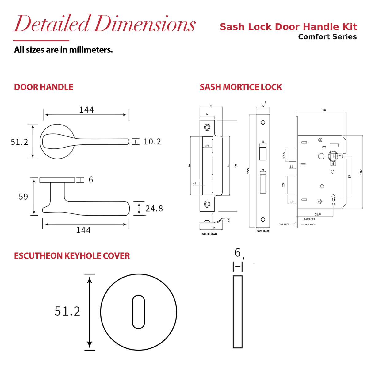Verita Antique Brass Privacy Door Lever Handles – dimensions and measurements diagram