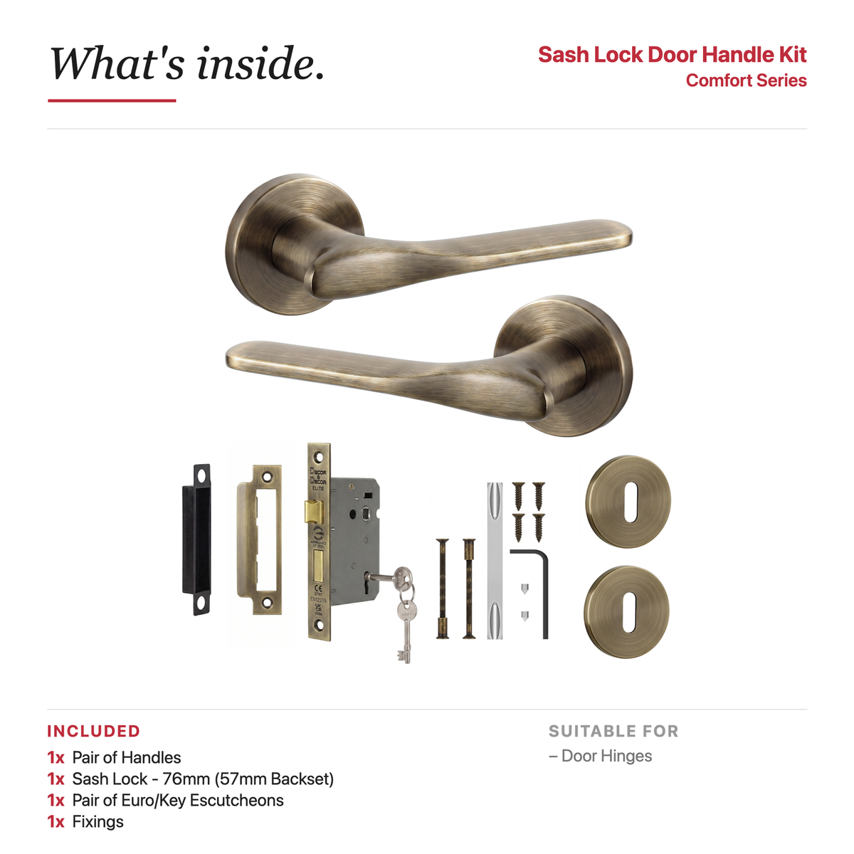 Verita Antique Brass Privacy Door Lever Handles – showing what's included in the box