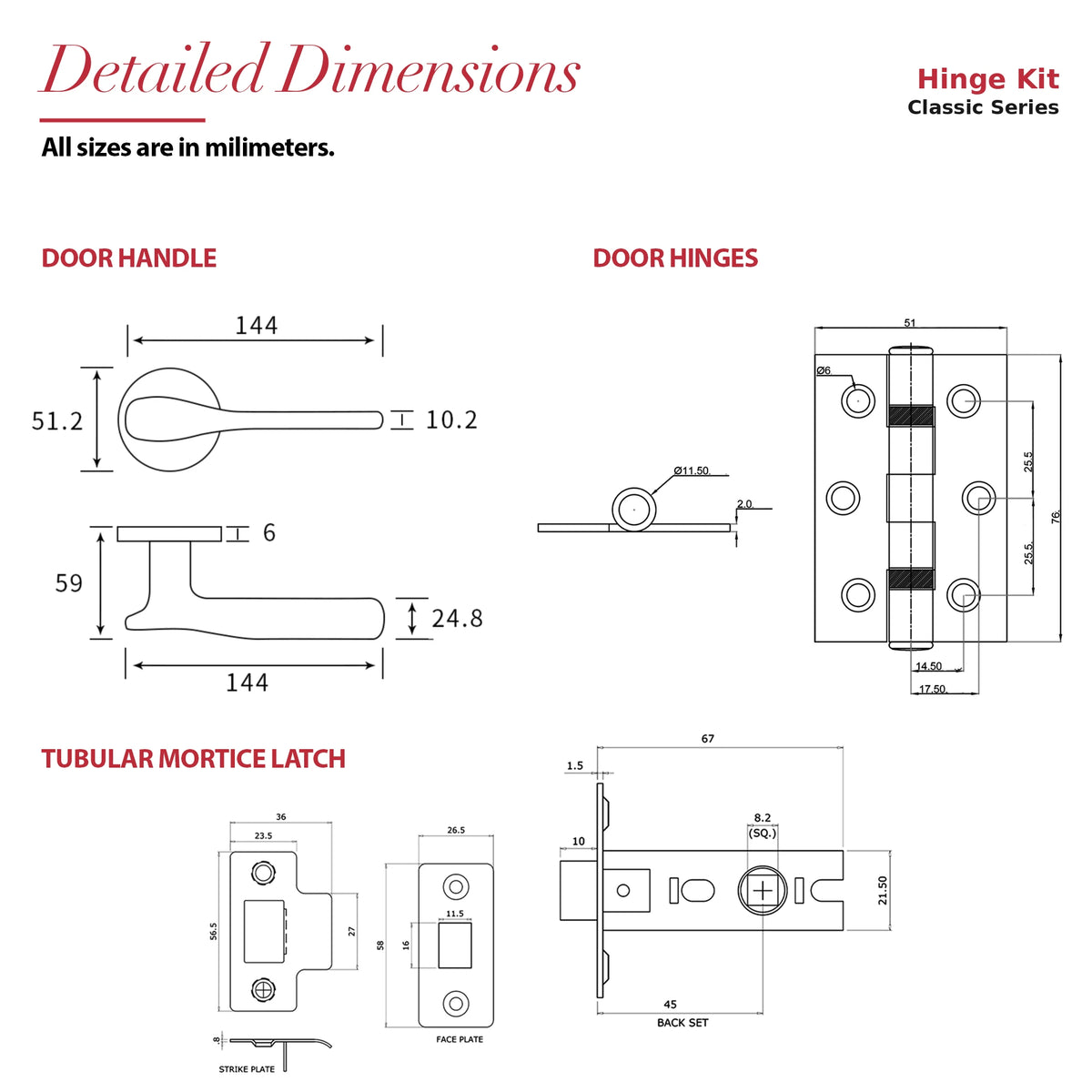 Verita Antique Brass Passage Door Handles – dimensions and measurements diagram