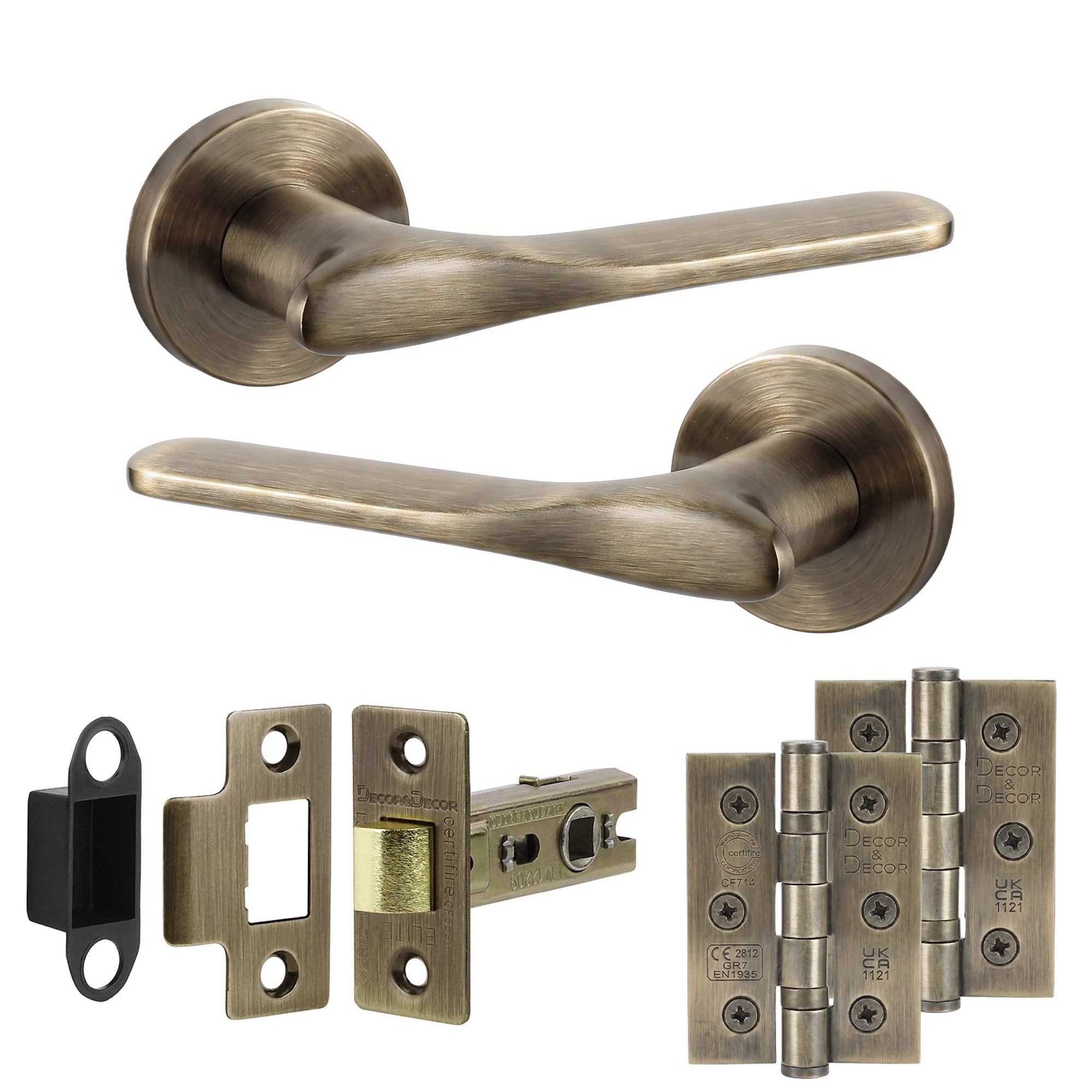 Verita Antique Brass Passage Door Handles - Latch and Hinge Set
