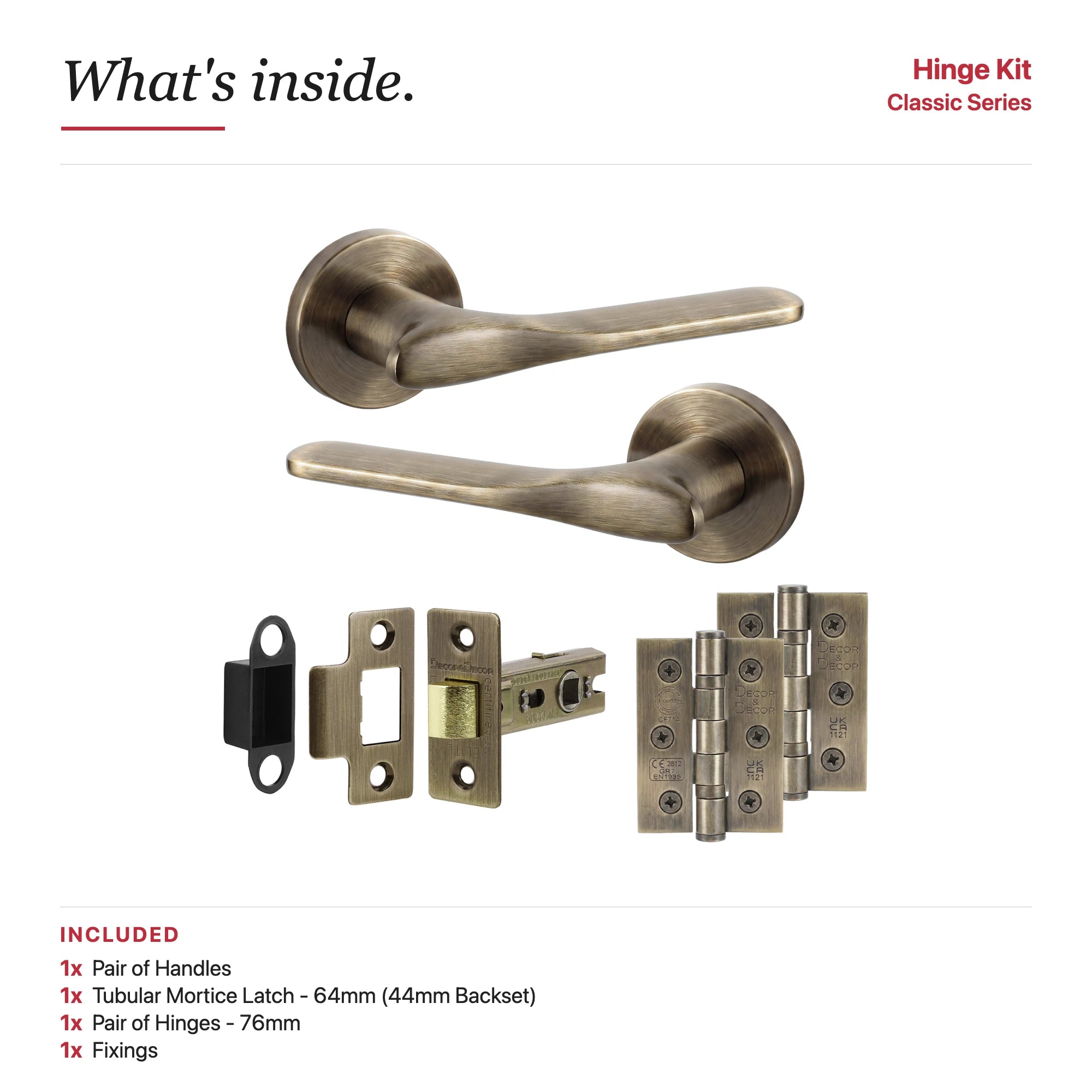 Verita Antique Brass Passage Door Handles – showing what's included in the box