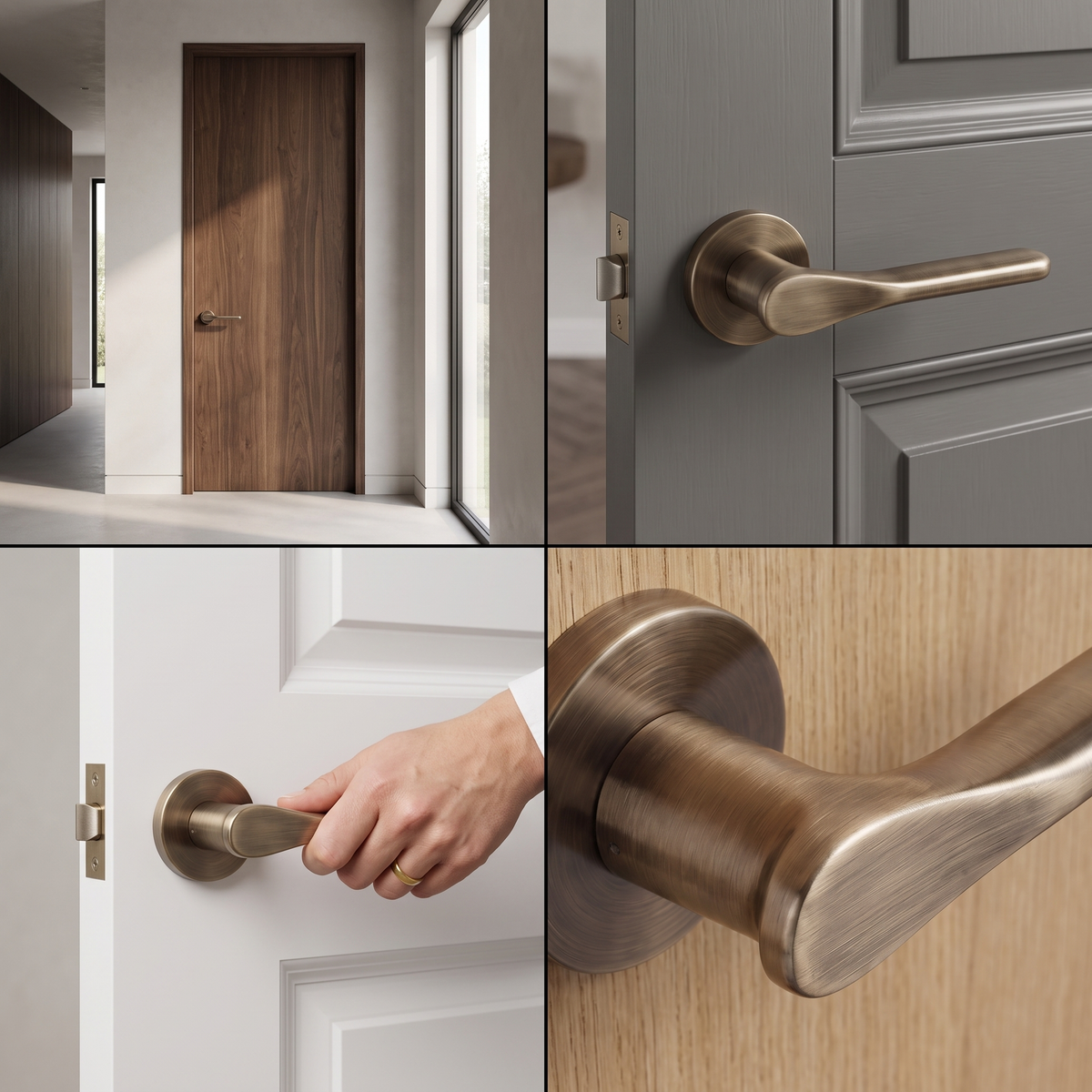 Verita Antique Brass Passage Door Lever Handles – fitted on an interior door in a styled room setting