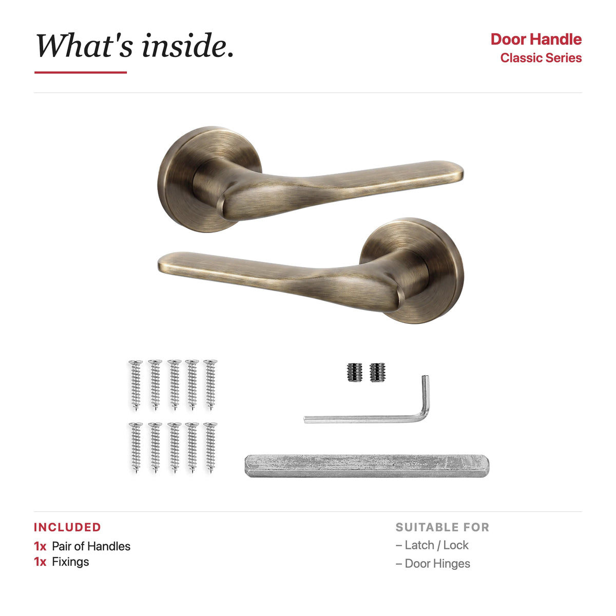 Verita Internal Door Handles - Antique Brass – showing what's included in the box