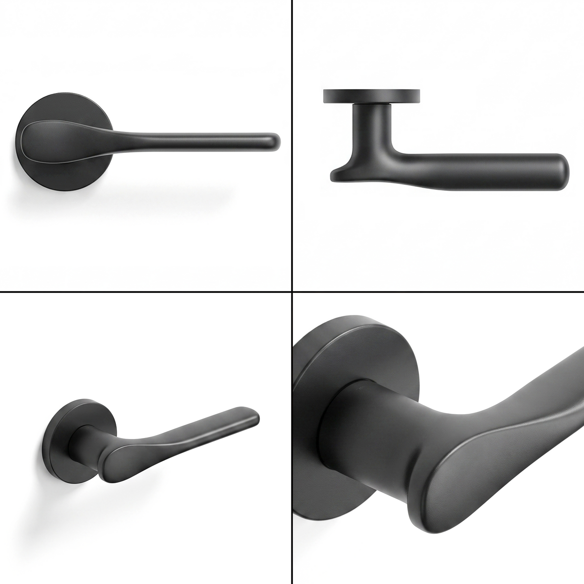 Verita Matt Black Bathroom Door Lever Handles – shown from multiple angles