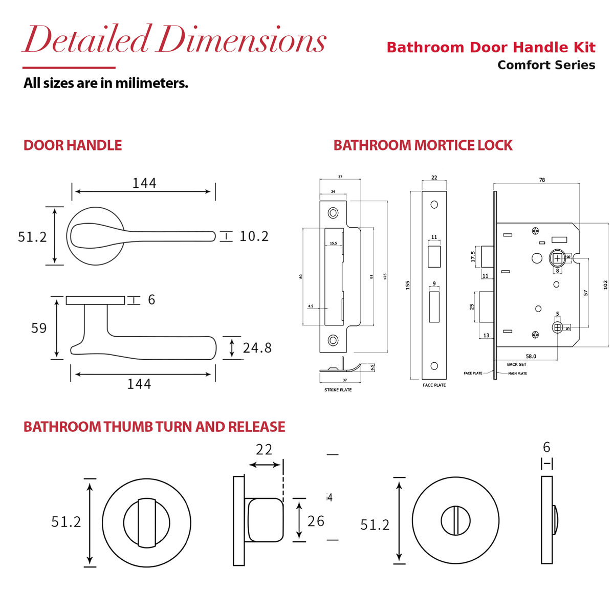 Verita Matt Black Bathroom Door Lever Handles – dimensions and measurements diagram