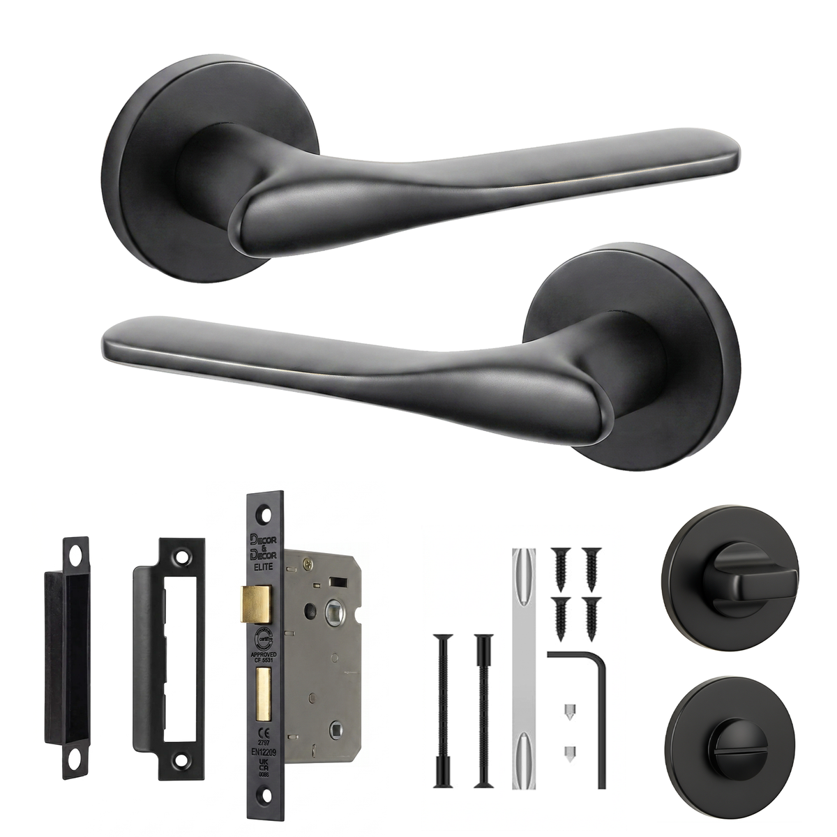 Verita Matt Black Bathroom Door Lever Handles - Bathroom Kit 76mm