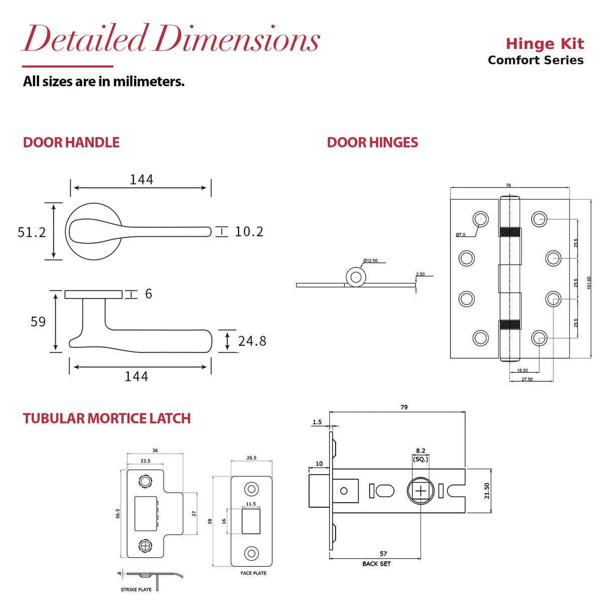 Verita Matt Black Passage Door Lever Handles – dimensions and measurements diagram