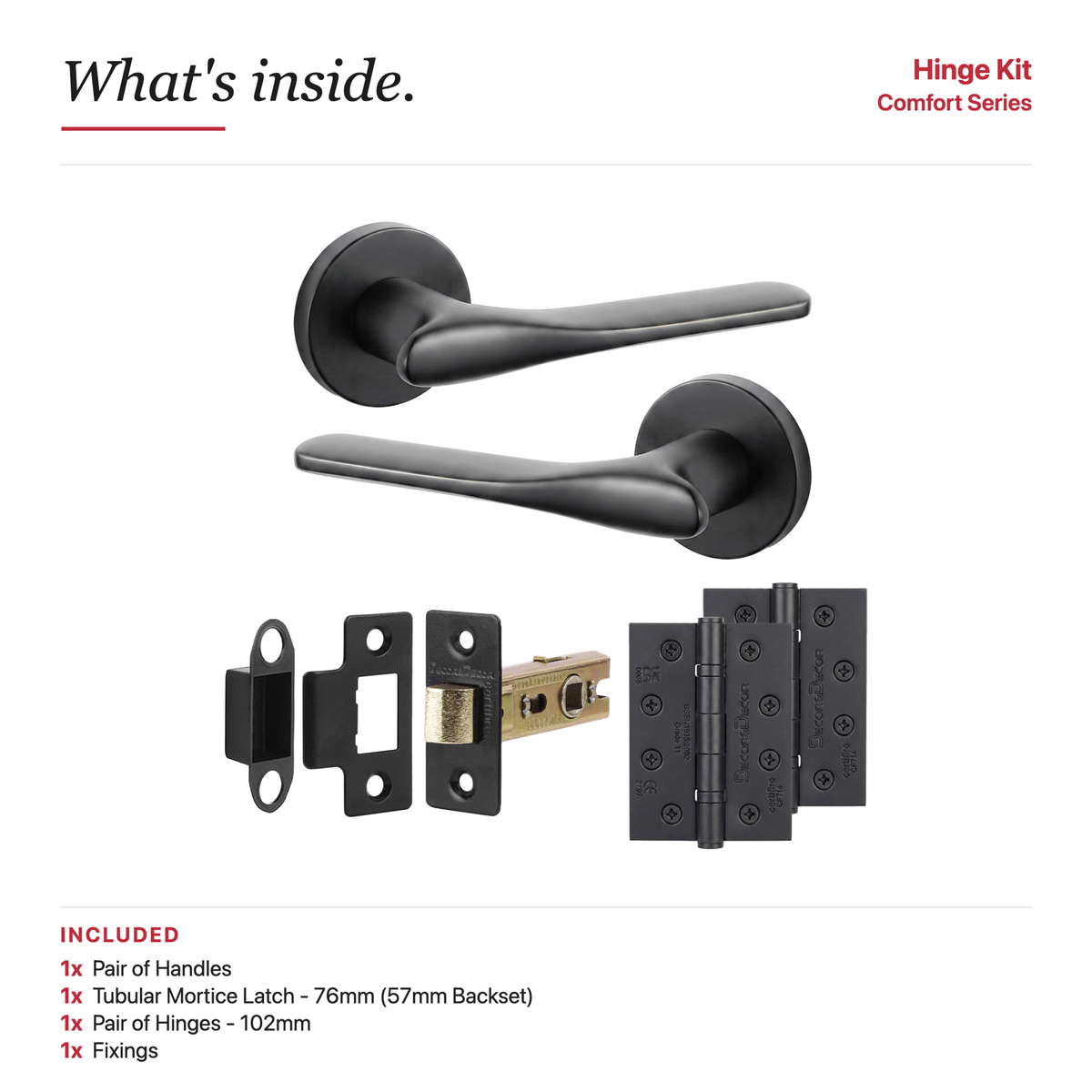 Verita Matt Black Passage Door Lever Handles – showing what's included in the box