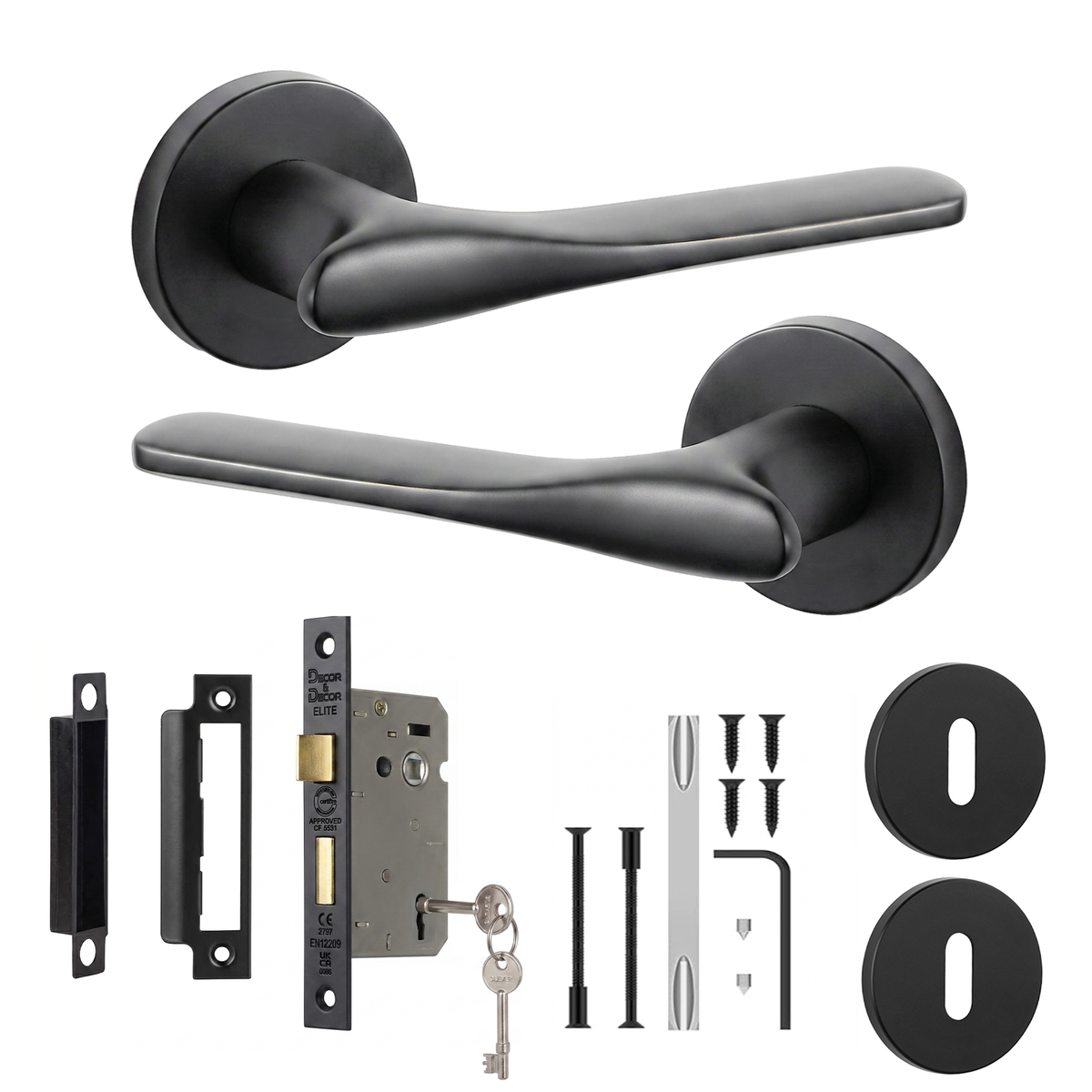 Verita Matt Black Privacy Door Lever Handles - Sash Lock Kit 76mm