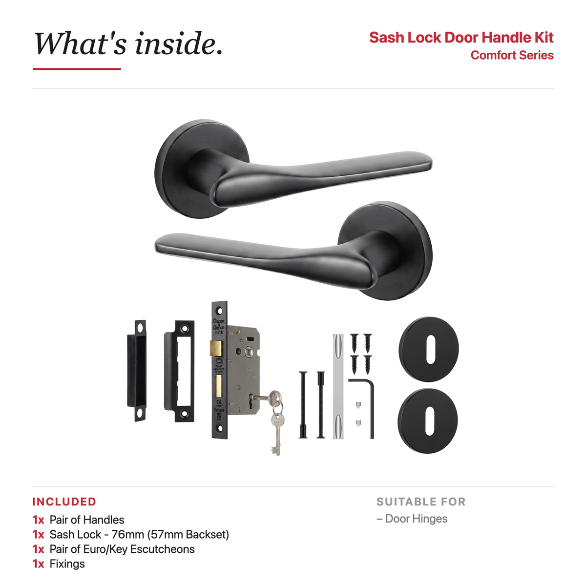 Verita Matt Black Privacy Door Lever Handles – showing what's included in the box