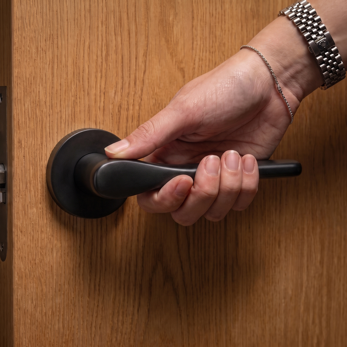 Verita Matt Black Privacy Door Lever Handles – held in hand to show the size and finish