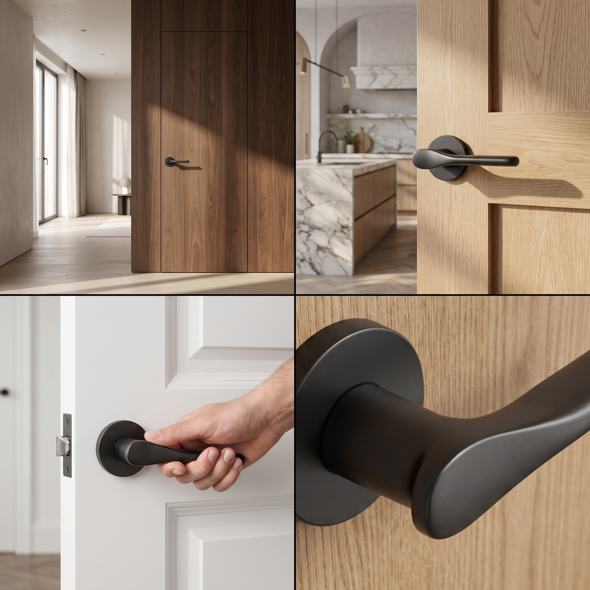 Verita Matt Black Bathroom Door Lever Handles – fitted on an interior door in a styled room setting