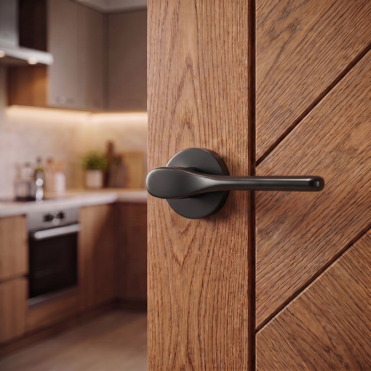 Verita Matt Black Passage Door Lever Handles – fitted on an interior door in a styled room setting 2