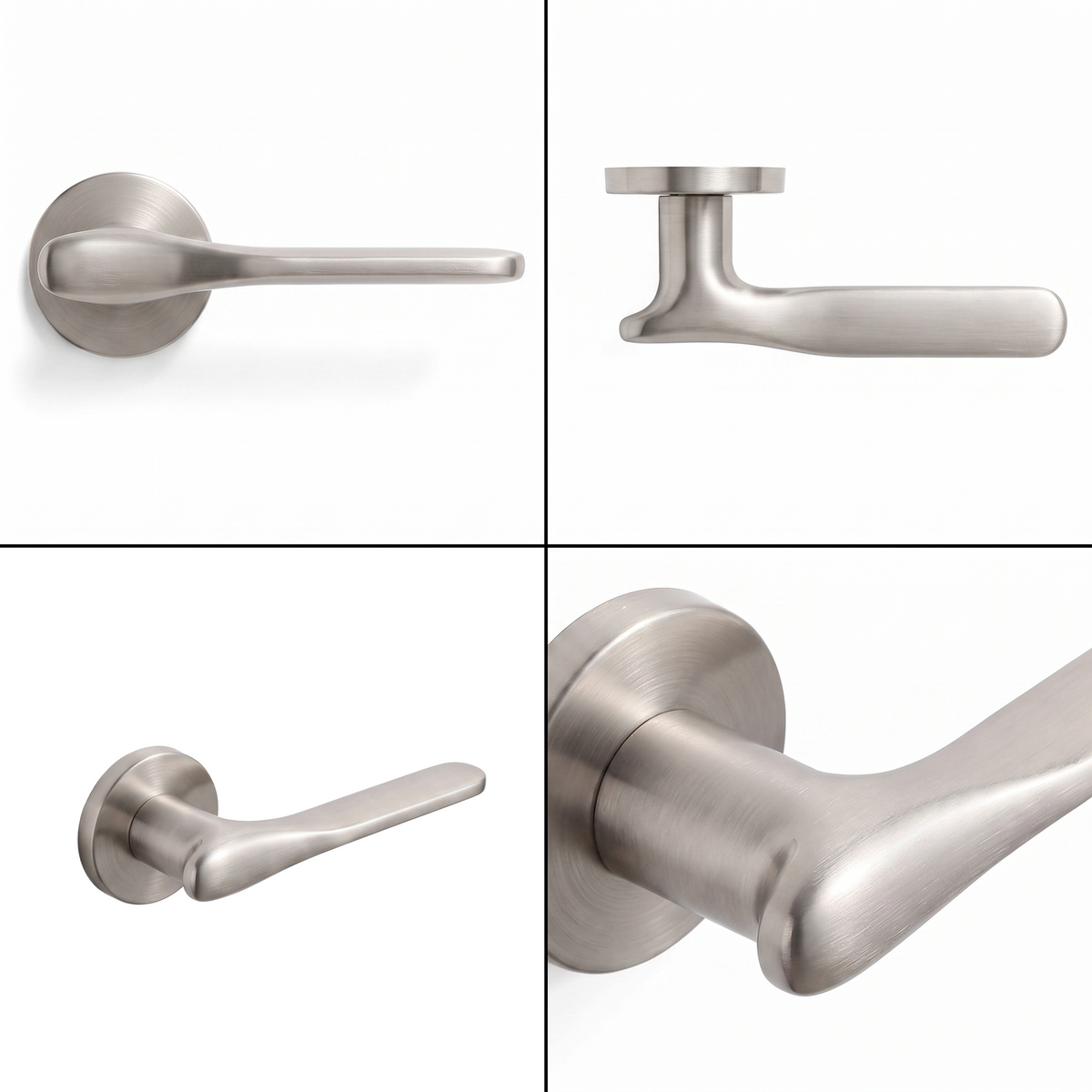 Verita Satin Nickel Passage Door Lever Handles – shown from multiple angles