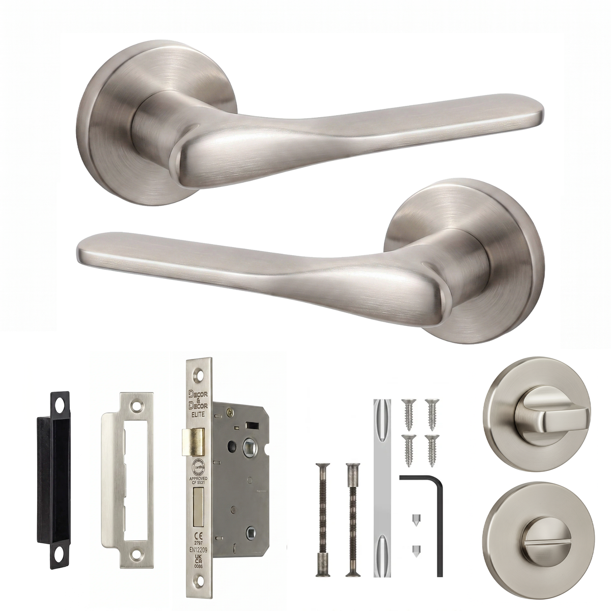 Verita Satin Nickel Bathroom Door Lever Handles - Bathroom Kit 76mm