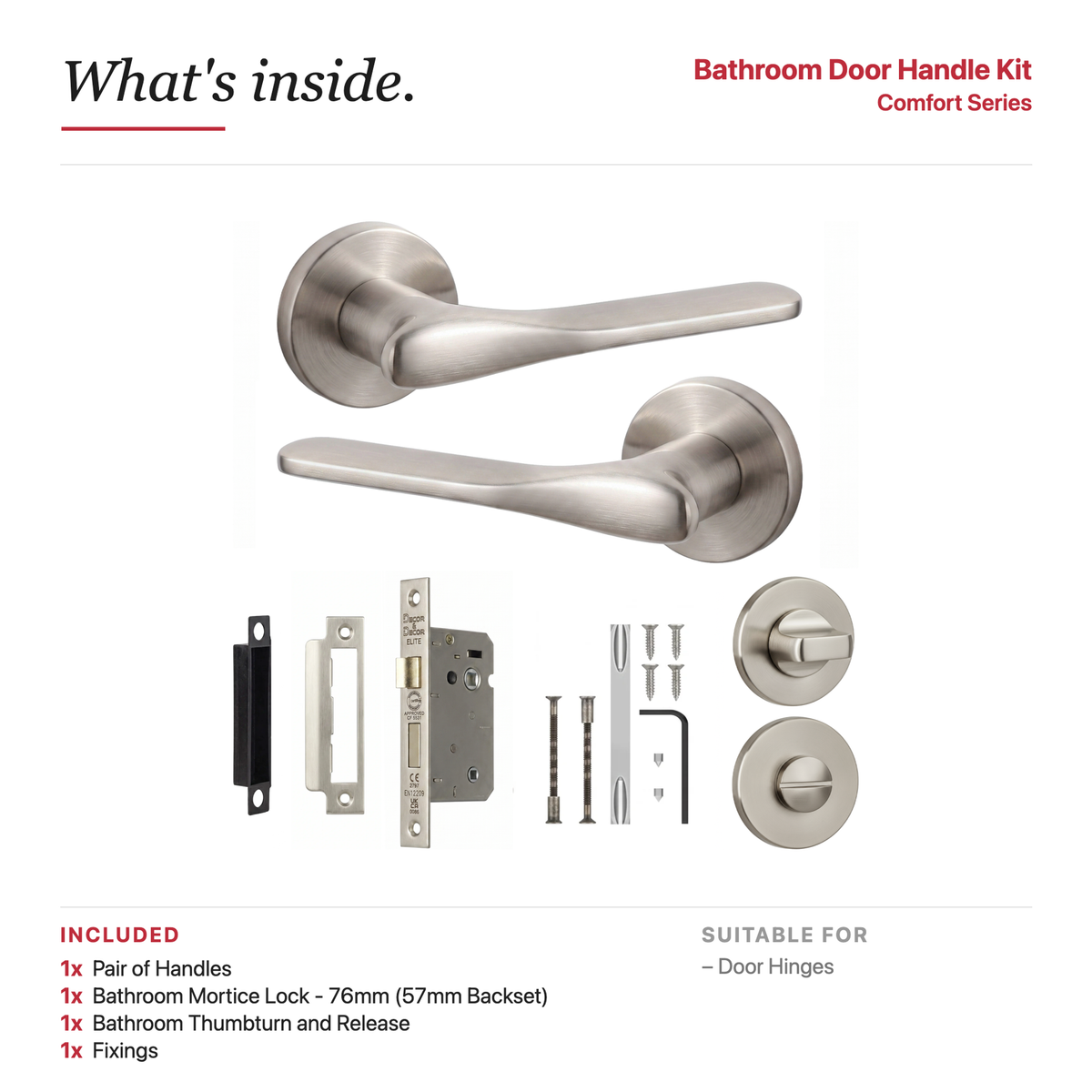 Verita Satin Nickel Bathroom Door Lever Handles – showing what's included in the box