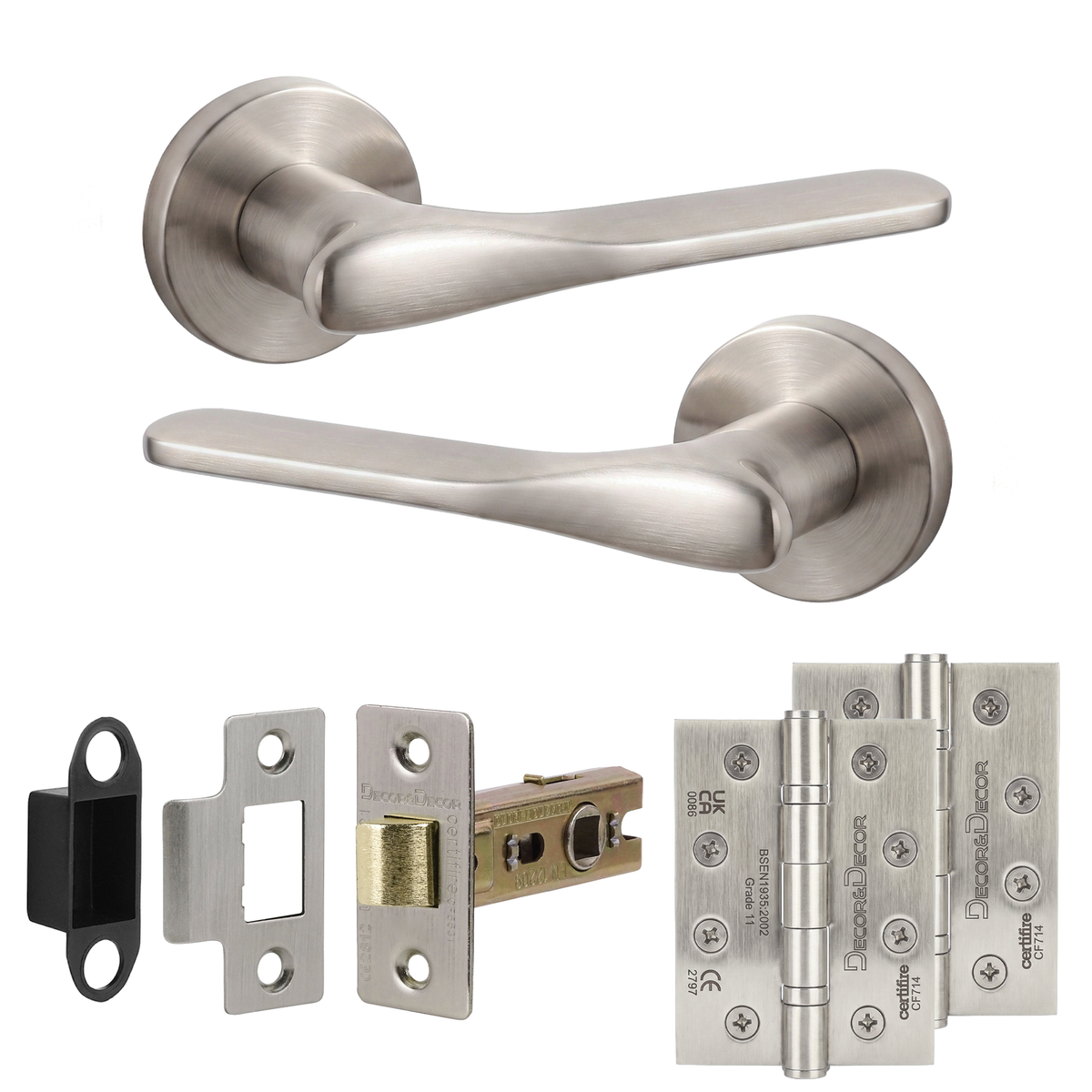 Verita Satin Nickel Passage Door Lever Handles - Hinge Kit 102mm