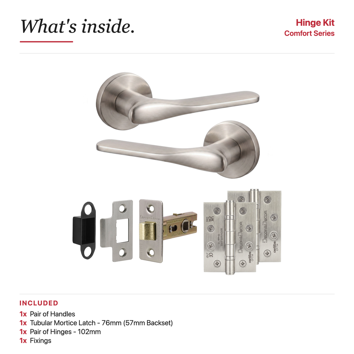 Verita Satin Nickel Passage Door Lever Handles – showing what's included in the box