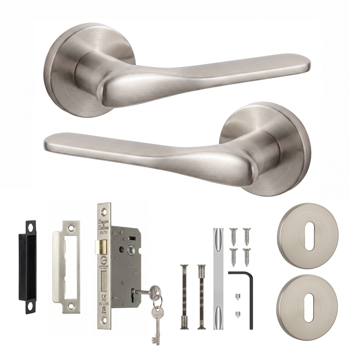 Verita Satin Nickel Privacy Door Lever Handles - Sash Lock Kit 76mm