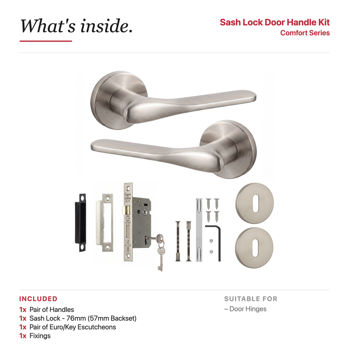 Verita Satin Nickel Privacy Door Lever Handles – showing what's included in the box