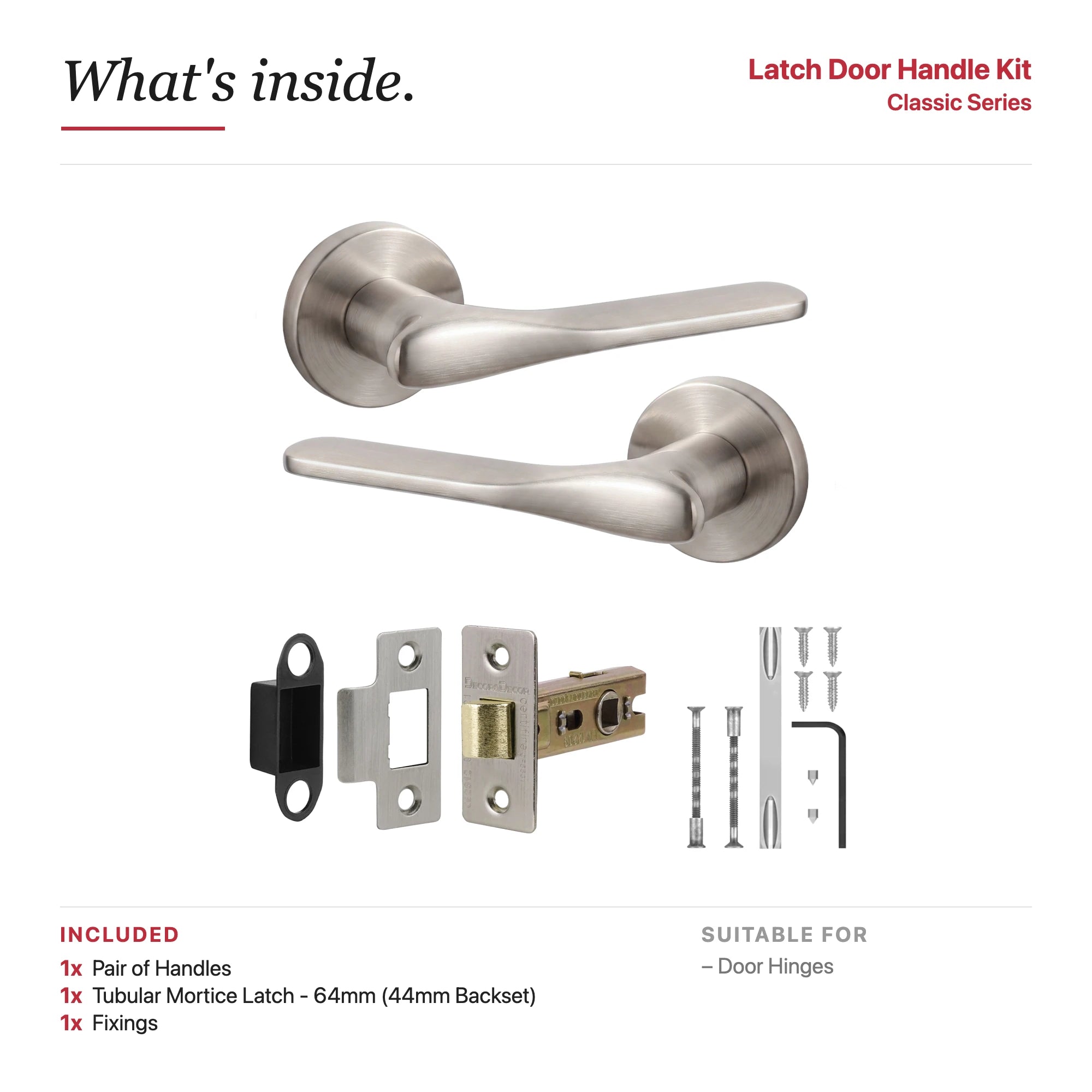 Verita Satin Nickel Passage Door Handles – showing what's included in the box