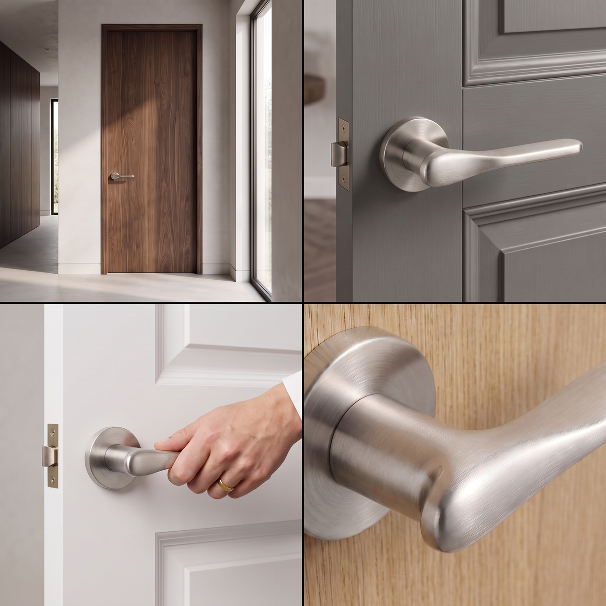Verita Satin Nickel Passage Door Lever Handles – fitted on an interior door in a styled room setting