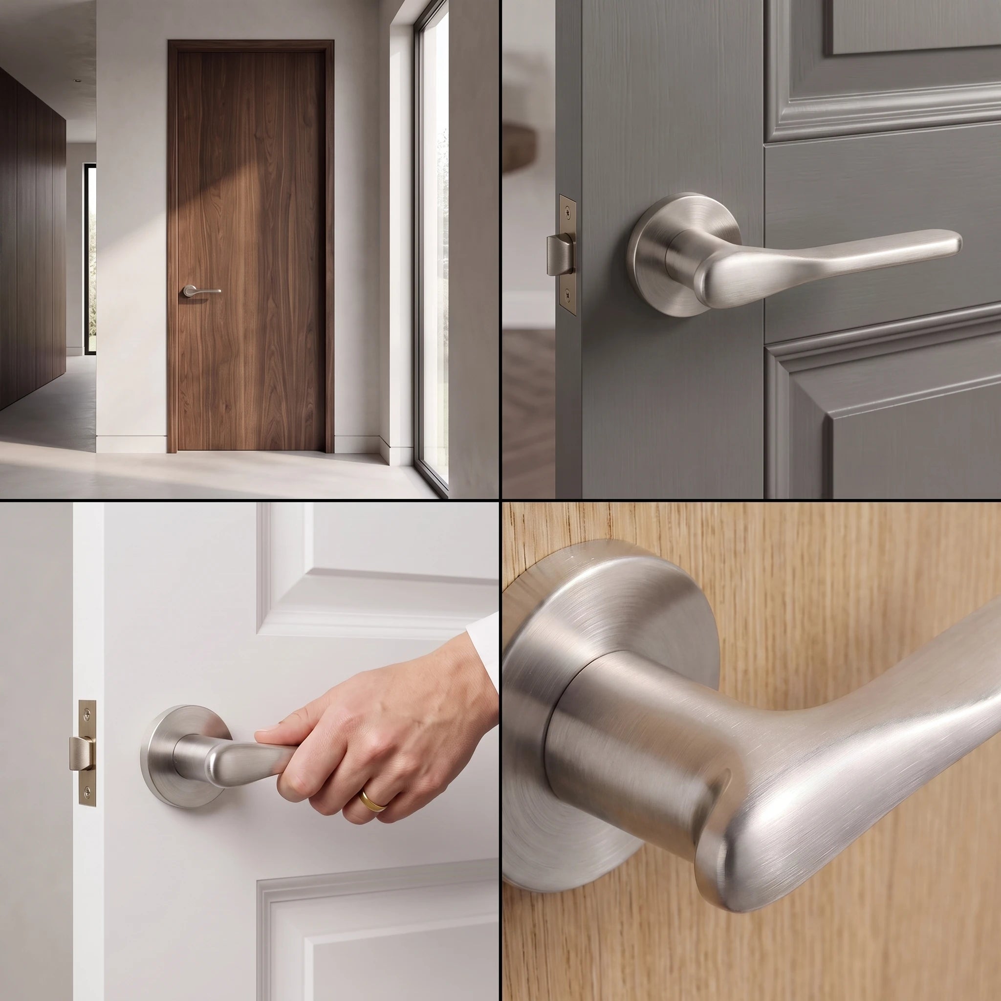 Verita Satin Nickel Passage Door Handles – fitted on an interior door in a styled room setting