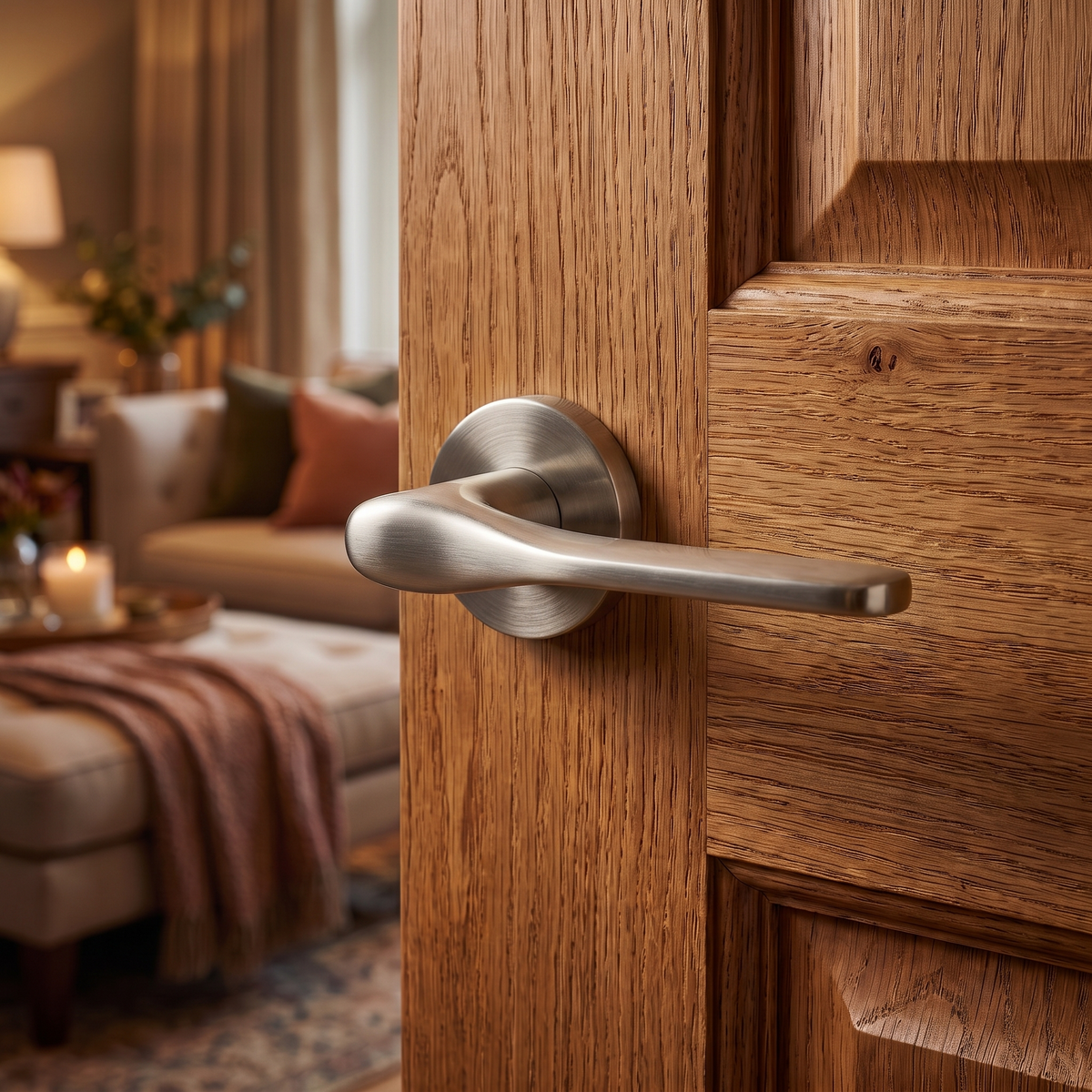 Verita Satin Nickel Passage Door Lever Handles – fitted on an interior door in a styled room setting 4