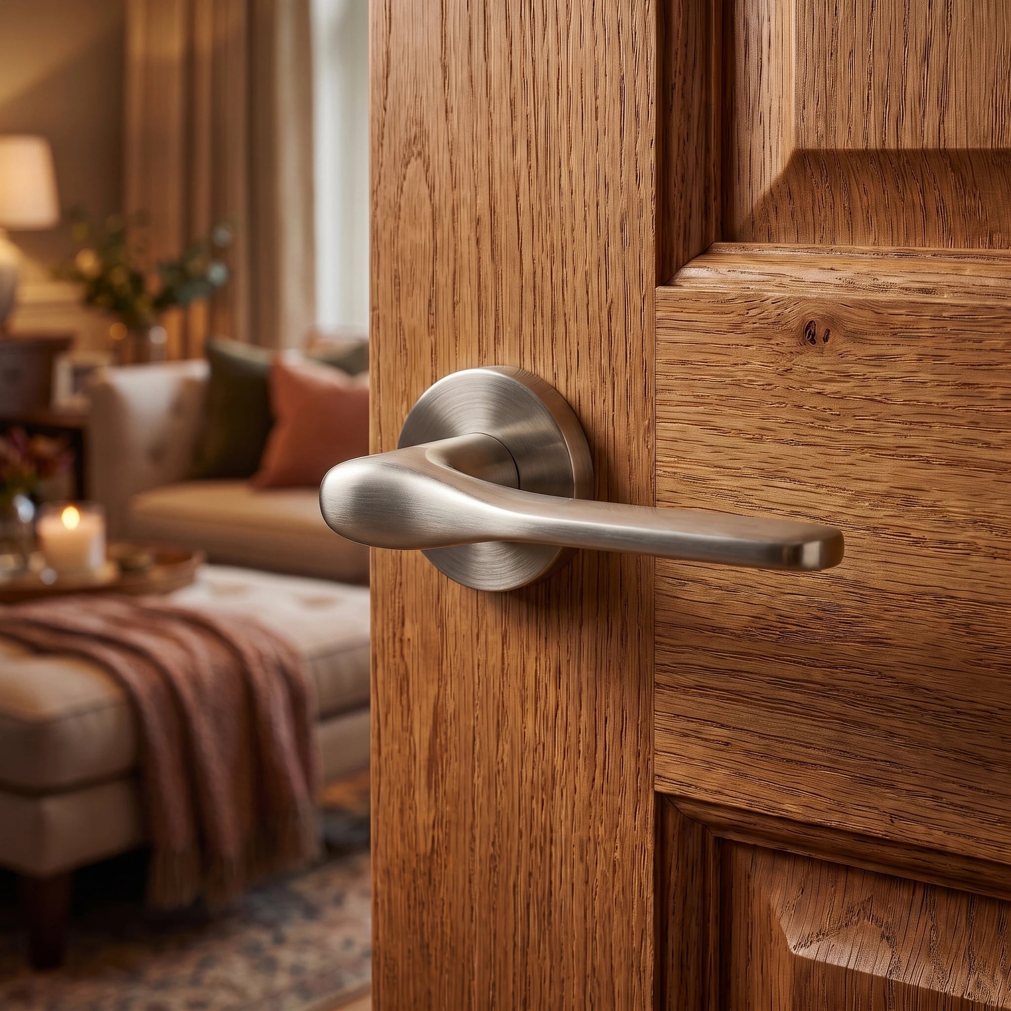 Verita Satin Nickel Passage Door Handles – fitted on an interior door in a styled room setting 4