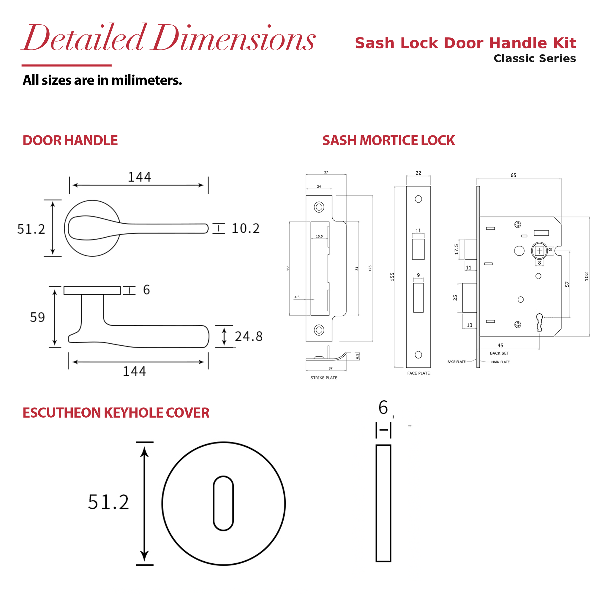 Verita Satin Nickel Privacy Door Handles – dimensions and measurements diagram