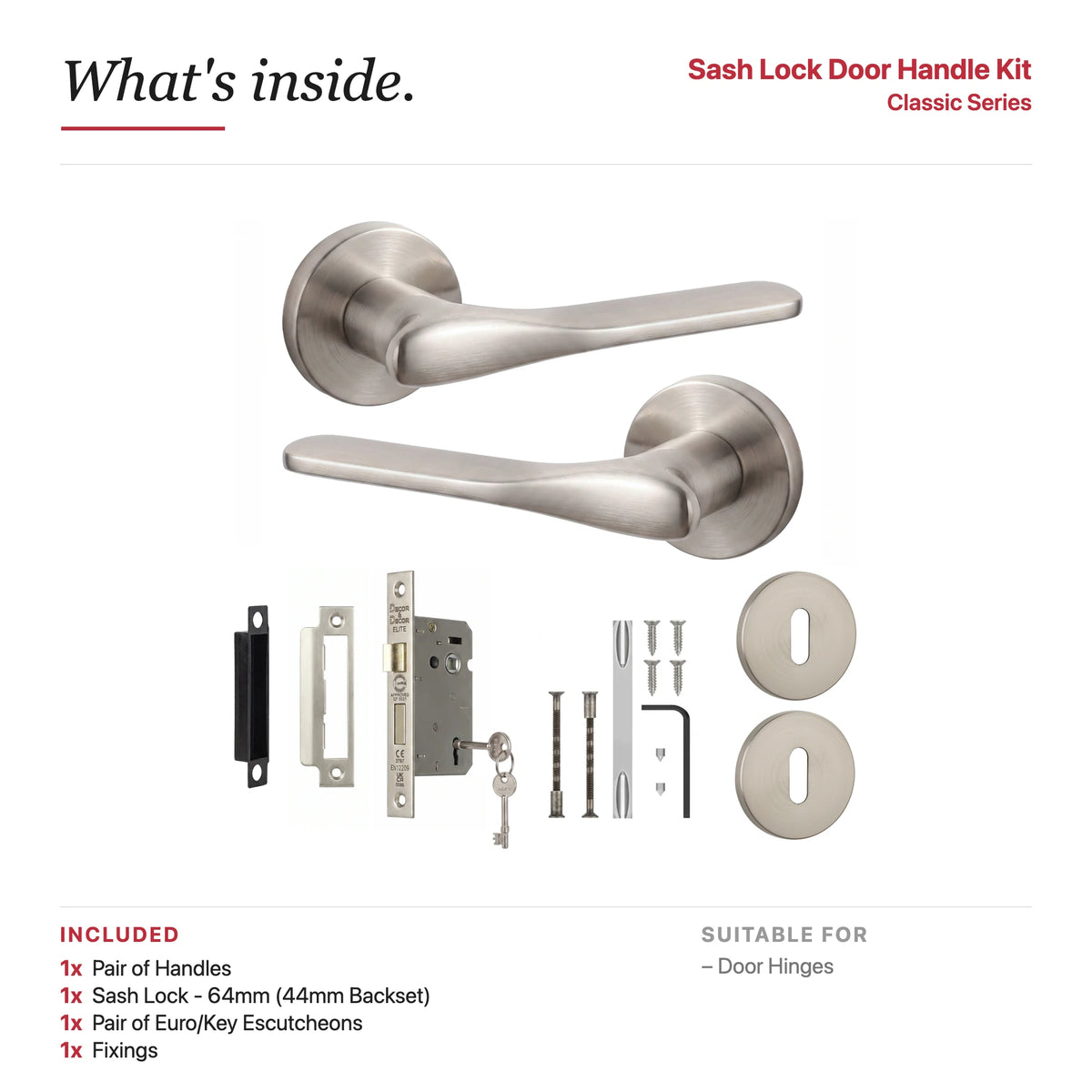 Verita Satin Nickel Privacy Door Handles – showing what's included in the box