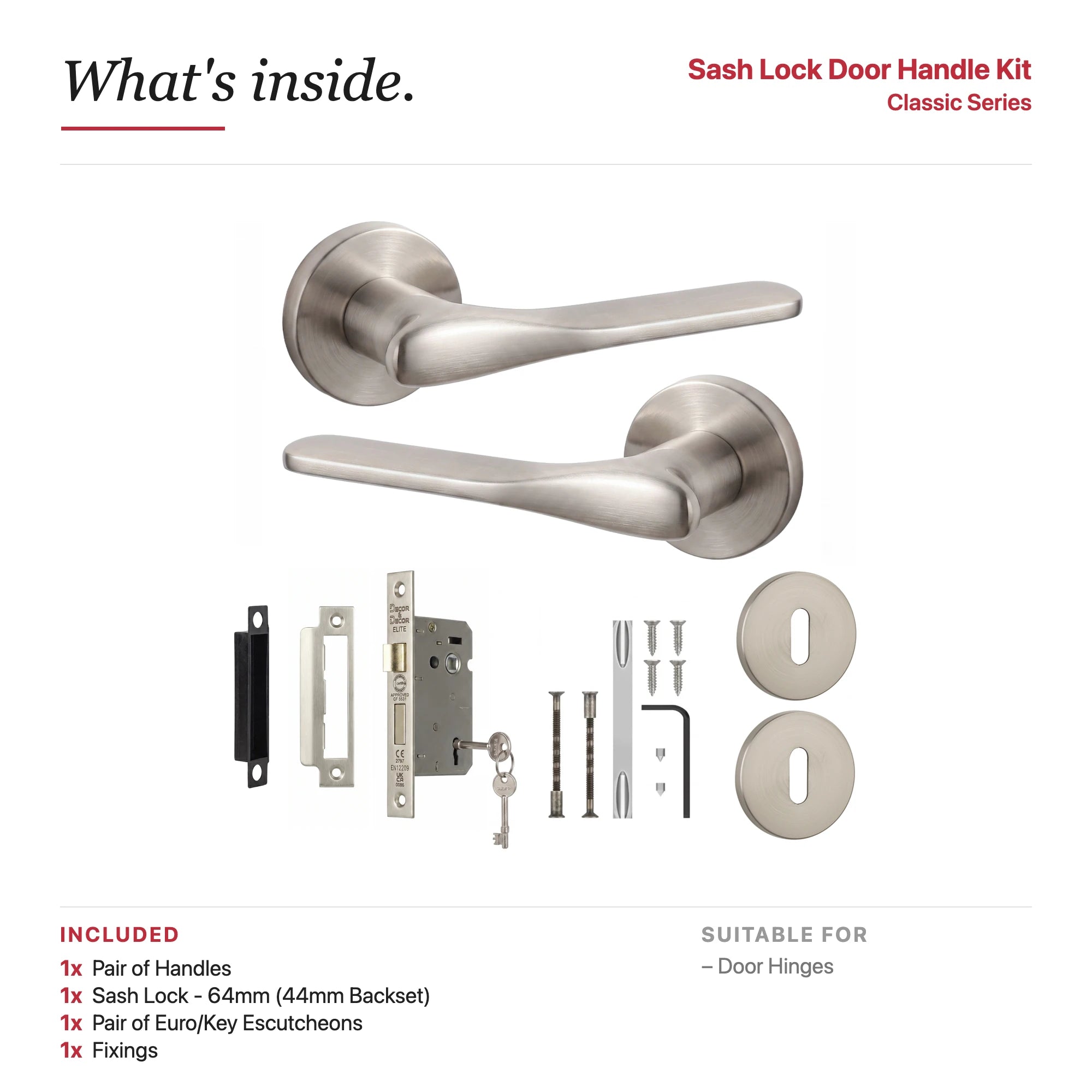 Verita Satin Nickel Privacy Door Handles – showing what's included in the box