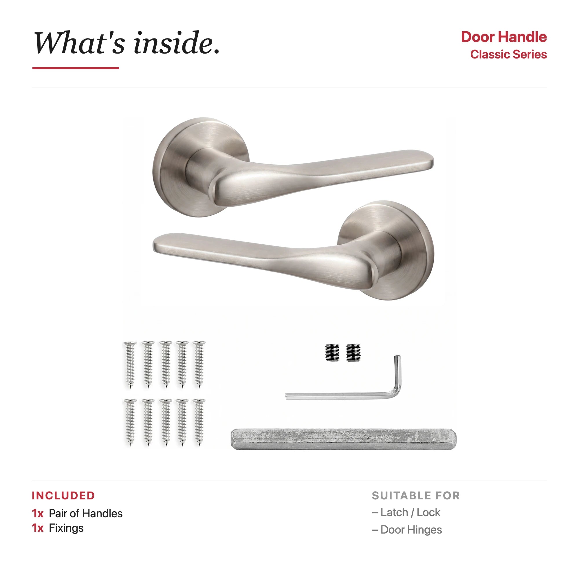Verita Internal Door Handles - Brushed Satin Nickel – showing what's included in the box