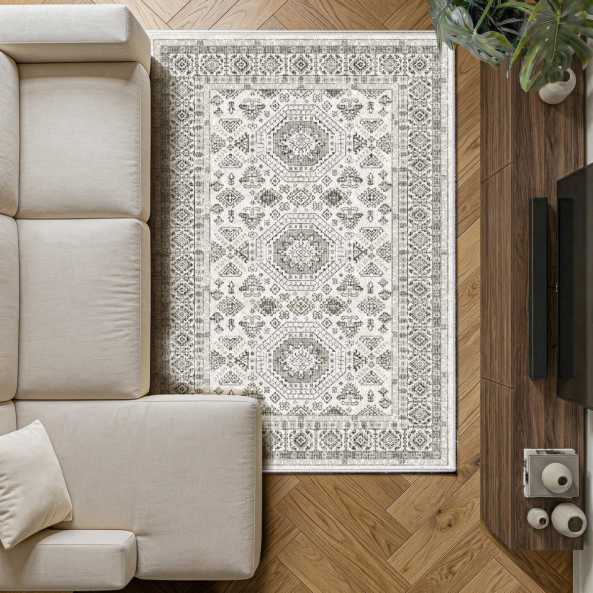 Vassia - Monochrome Washable Dining Room Area Rug - 120x170cm