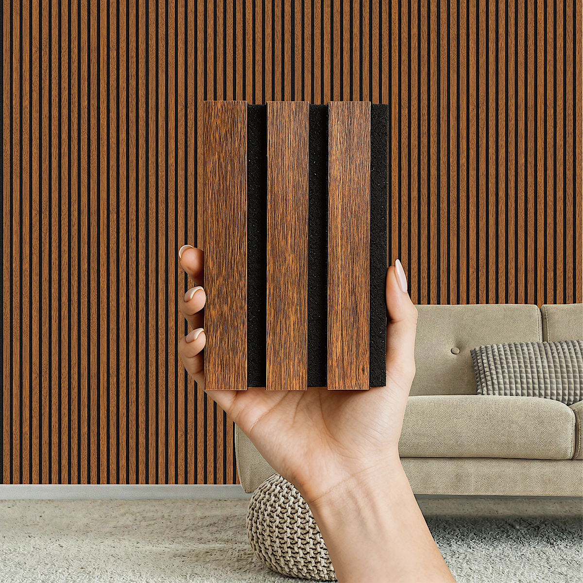 Acoustic Slat Wood Wall Panel - Walnut - 2400 - 2 Pack – held in hand to show the size and finish