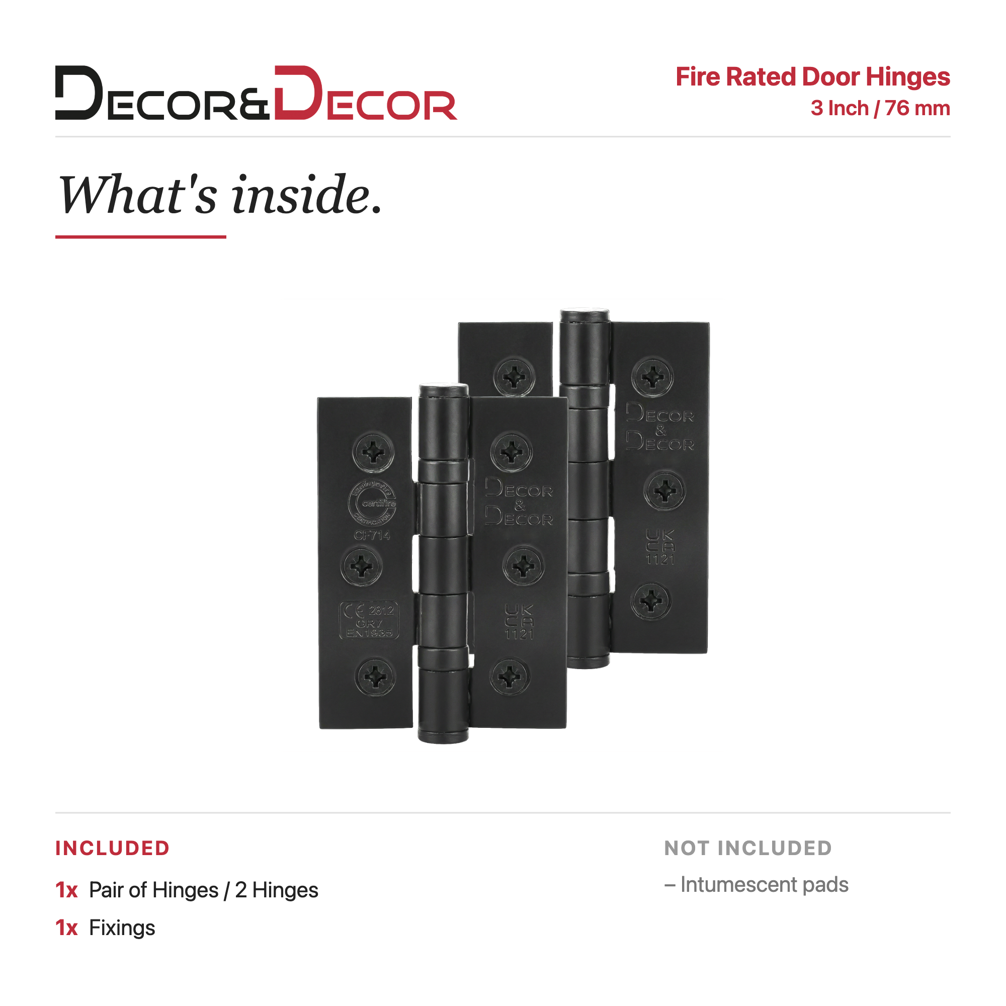 Ball Bearing Fire Rated Door Hinges - 76mm - Pair - Matt Black
