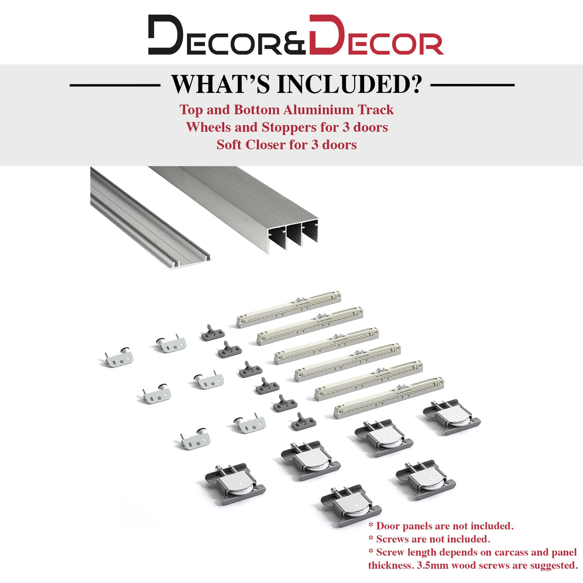 ES-Slide Wardrobe Sliding Door Kit - 3 Door - 3600mm Track - Both Way Soft Close – showing what's included in the box