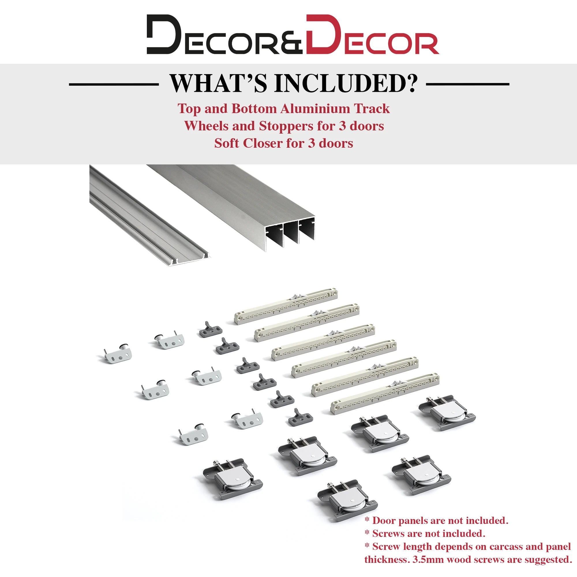 ES-Slide Wardrobe Sliding Door Kit - 3 Door - 3600mm Track - Both Way Soft Close – showing what's included in the box
