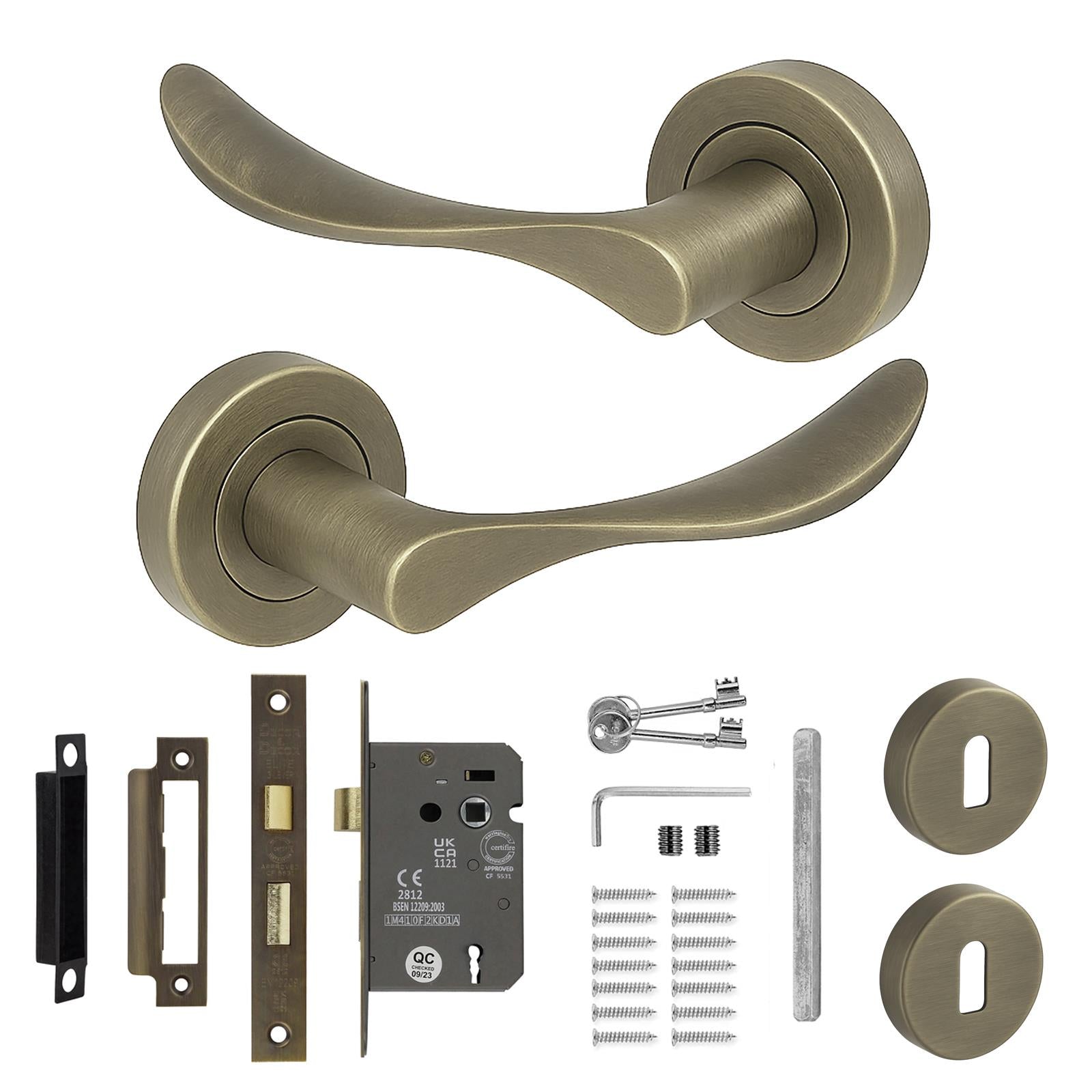 Nimbus Antique Brass Privacy Door Lever Handles - Sash Lock Kit Set
