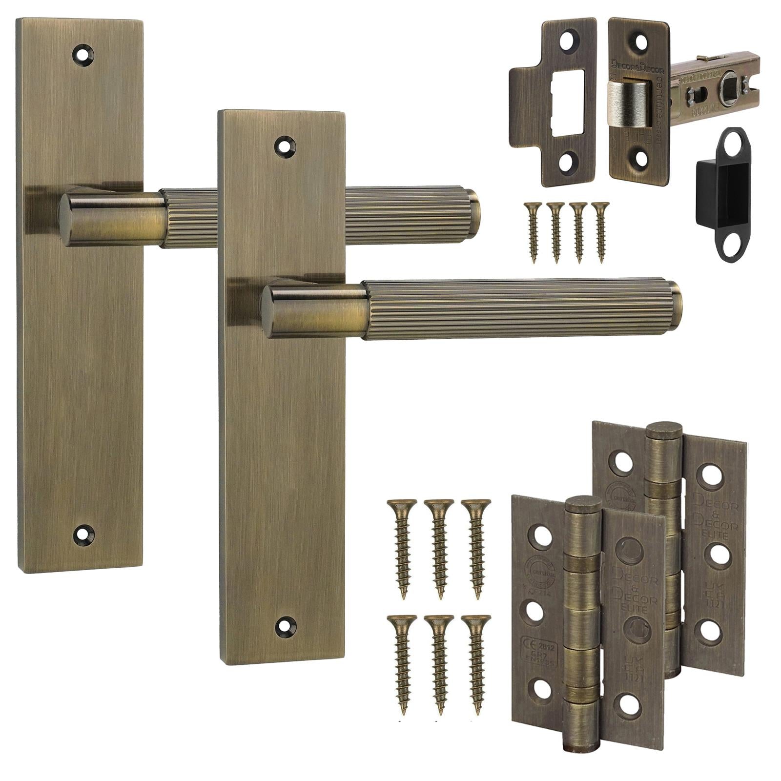 Hera Antique Brass Passage Door Handles on Backplate - Latch and Hinge Set